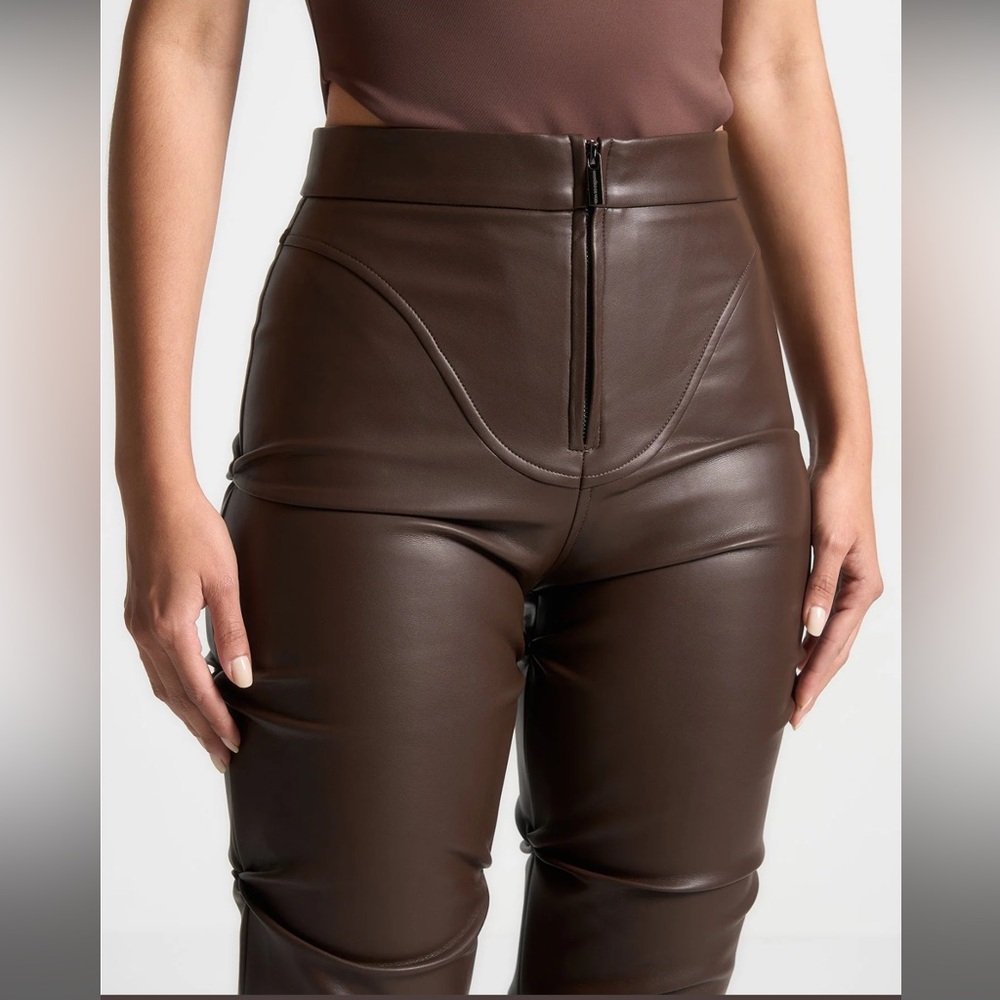 Tacked‎ Leather Flared Trousers - Brown